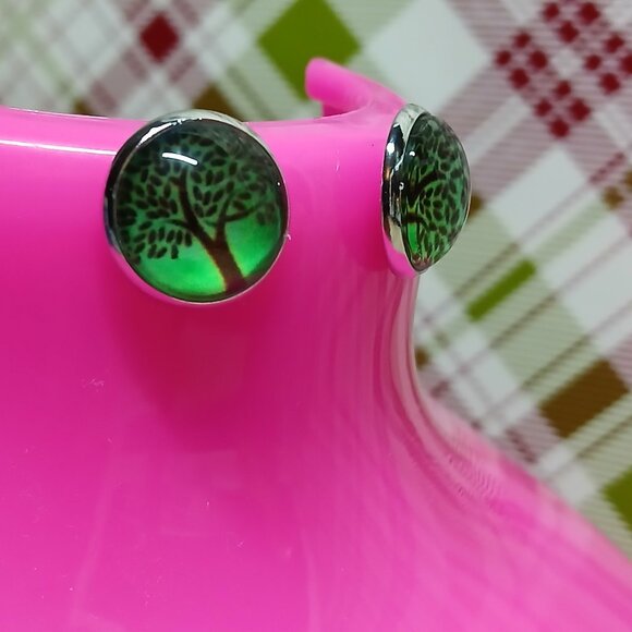 Handmade Silver Tone with Green Tree of Life Stud Earrings Fashion Jewelry #86 - Picture 7 of 11